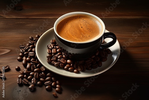 Cup of coffee with coffee beans closeup dark background © pixeness
