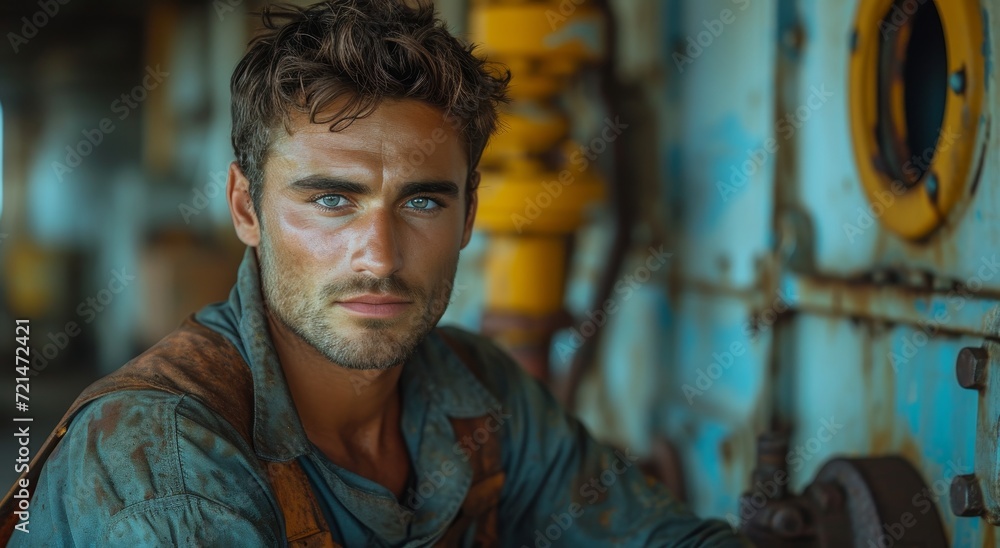 In a stunning portrait, a bearded man with piercing blue eyes stares directly at the viewer, his clothing and facial features evoking a sense of humanity and raw emotion In a stunning portrait, a bearded man with piercing blue eyes stares directly at the viewer, his clothing and facial features evoking a sense of humanity and raw emotion