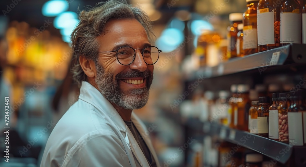 A bearded man radiates joy as he stands among bottles and shelves in a shop, his glasses adding to his charming smile and street style A bearded man radiates joy as he stands among bottles and shelves in a shop, his glasses adding to his charming smile and street style