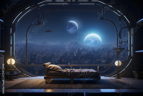 Fototapeta Naklejka Na Ścianę i Meble -  A bedroom wall mural with a futuristic space station