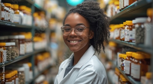 A professional woman with a warm smile stands in her pharmacy, surrounded by shelves of products, donning a lab coat and glasses, ready to assist customers in the retail shop