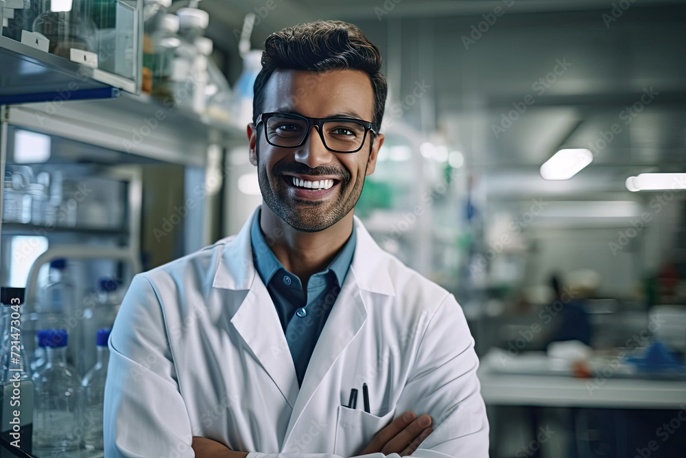 A charismatic man with a beaming smile exudes passion and expertise as he creates groundbreaking advancements in his laboratory.