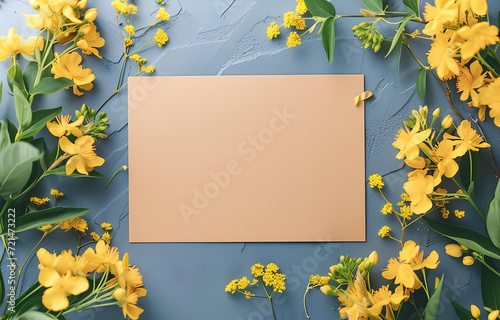 Card mockup or invitation blank decorated fresh yellow flowers on grey pastel background top view photo