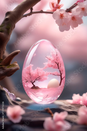 Macro photography transparent easter eggs on landscape cherry blossom  green lawn on a sunny day in april.
