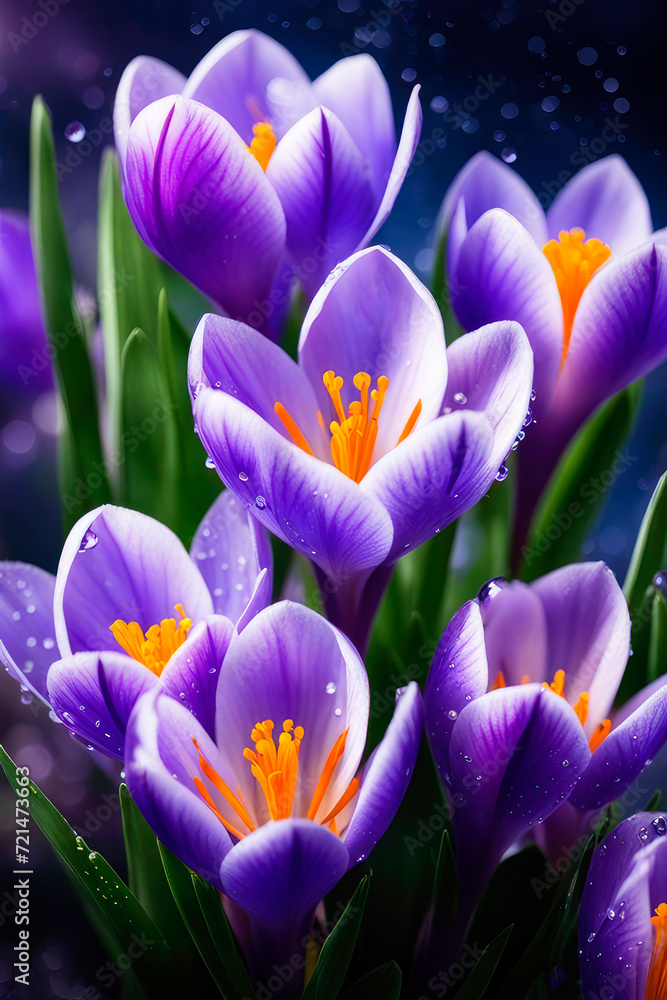 Spring flowers of crocus blossoms macro with drops of water on the petals. Spring flowers of crocus blossoms macro with drops of water on the petals.