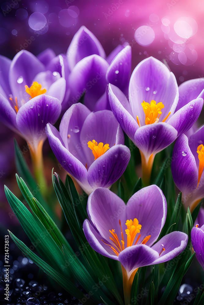 Fototapeta premium Spring flowers of crocus blossoms macro with drops of water on the petals.