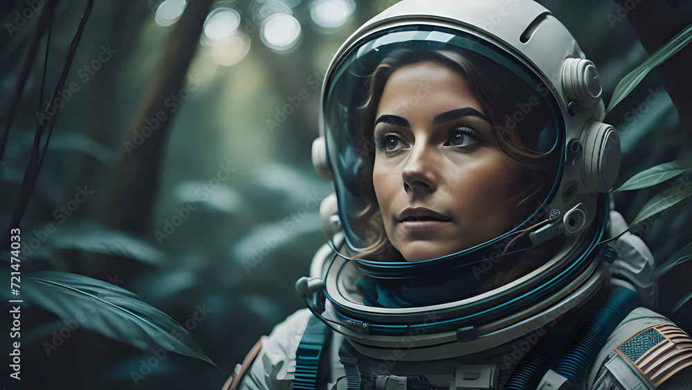 woman  astronaut explores the forest