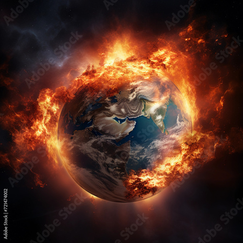 The earth bursts with fire as global warming causes the climate to change, space view of the world burning 