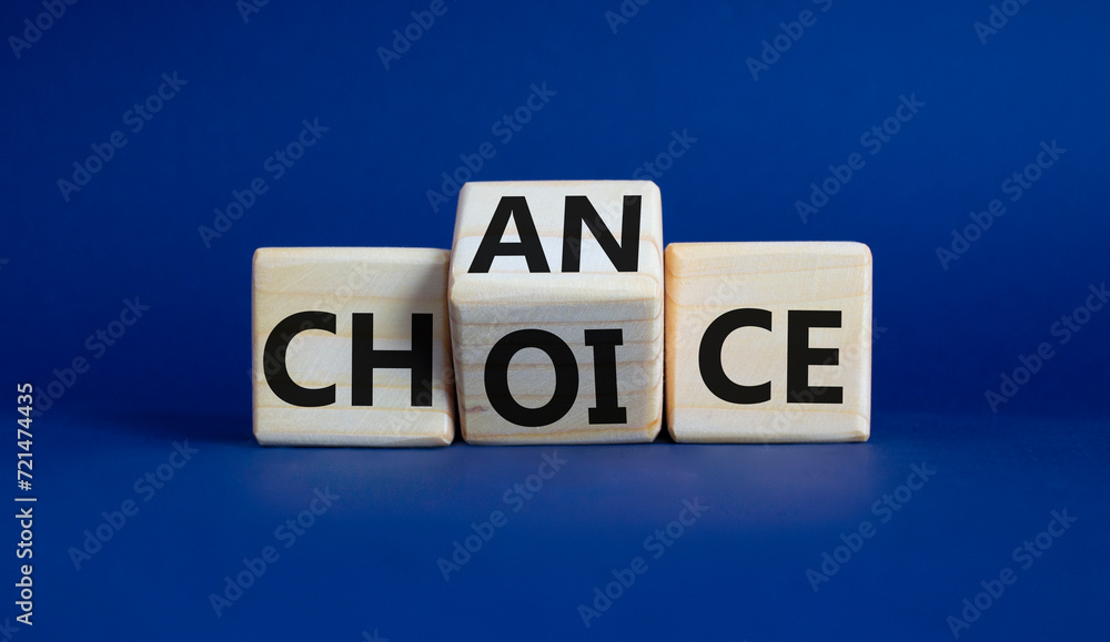 Chance and Choice symbol. Wooden cubes with words Choice and Chance. Beautiful deep blue background. Chance and Choice and business concept. Copy space Chance and Choice symbol. Wooden cubes with words Choice and Chance. Beautiful deep blue background. Chance and Choice and business concept. Copy space