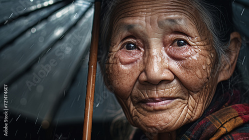 Close-up portrait of an elderly Asian woman.