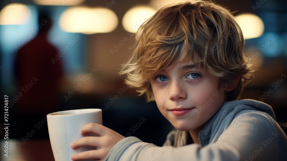 A European boy enjoys cocoa in a cozy cafe. A European boy enjoys cocoa in a cozy cafe.