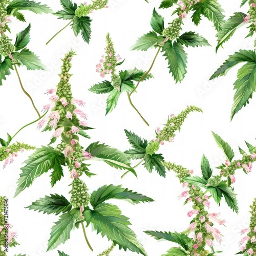 Watercolor stinging nettle flowers with leaves seamless pattern.
