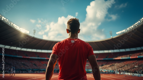 vue arrière d'un l'athlète sur la ligne de départ dans un stade photo