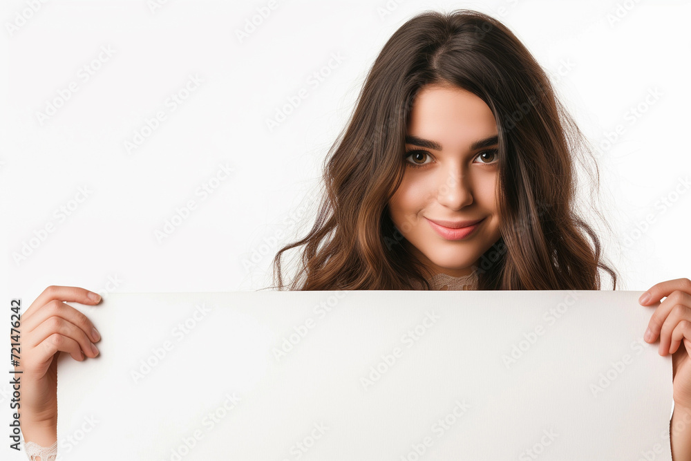 Happy gorgeous young young woman holding blank white banner, closeup studio portrait Happy gorgeous young young woman holding blank white banner, closeup studio portrait