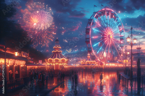 A vibrant carnival with a Ferris Wheel and dazzling fireworks. Created with generative AI.