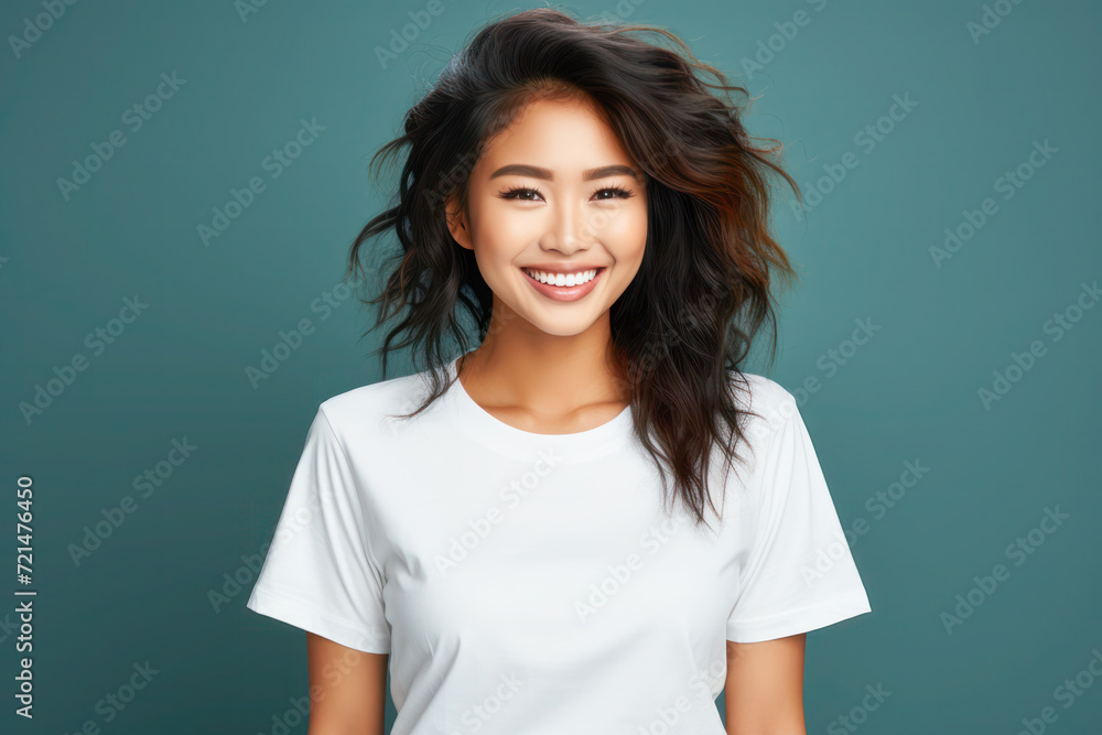 Young woman wearing white t-shirt mockup isolated on pink background. Young woman wearing white t-shirt mockup isolated on pink background.