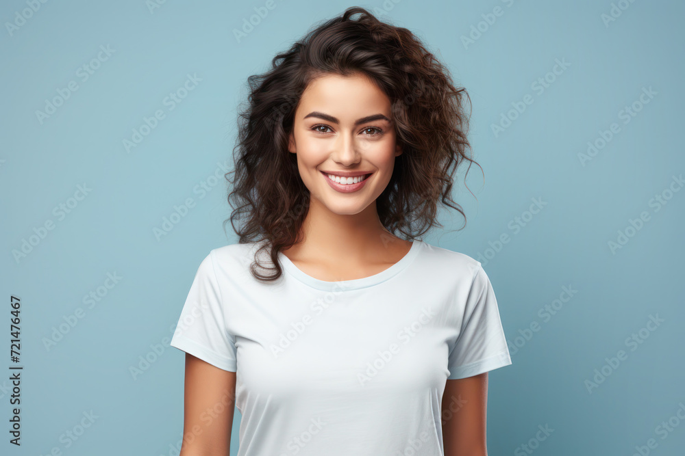 Young woman wearing white t-shirt mockup isolated on pink background. - obrazy, fototapety, plakaty 