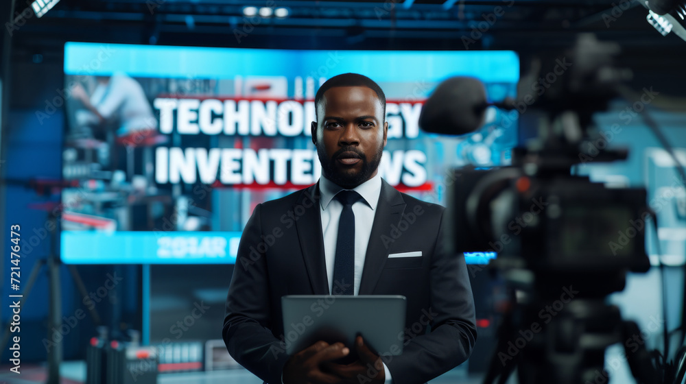 professional news anchor in a suit, holding a tablet and standing in front of a camera in a news studio professional news anchor in a suit, holding a tablet and standing in front of a camera in a news studio