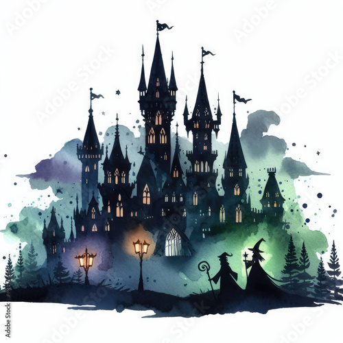 Silhouette of a dark magic castle with witches.
