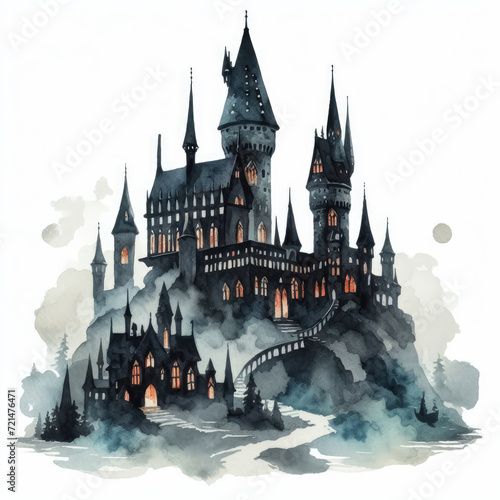 Silhouette of a magic wizard castle on a mountain. photo
