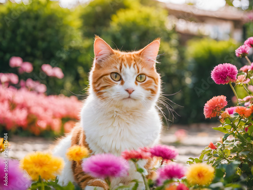 Beautiful red cat sitting in the garden with flowers in summertime