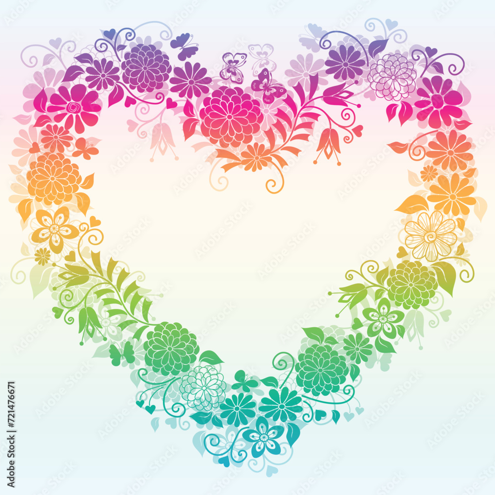 Vector decorative spring rainbow frame with floral heart isolated on white background