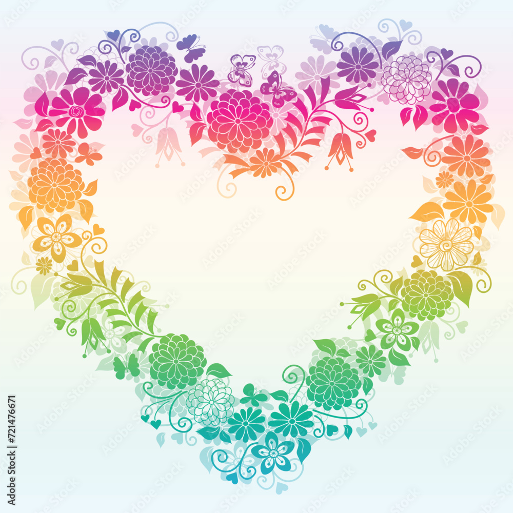 Vector decorative spring rainbow frame with floral heart isolated on white background Vector decorative spring rainbow frame with floral heart isolated on white background