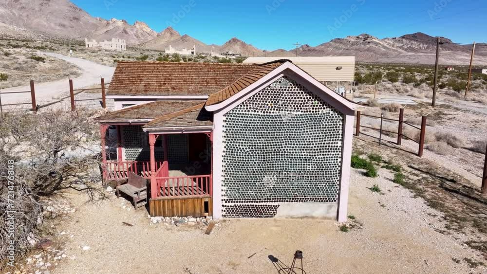 Aerial historic bottle house Rhyolite Ghost Town Nevada circ. Near Death Valley National Park in California and Beatty Nevada. 1905 gold rush, 1911 a ghost town. Ruins of banks, school, train station. Aerial historic bottle house Rhyolite Ghost Town Nevada circ. Near Death Valley National Park in California and Beatty Nevada. 1905 gold rush, 1911 a ghost town. Ruins of banks, school, train station.
