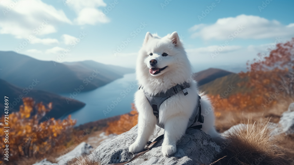 White Samoyed dog at the top of the mountain with rocks, snow and lake ...