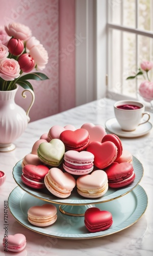 a stylized illustration featuring a delightful arrangement of heart-shaped macaroons on a decorative platter.