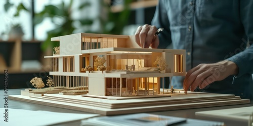 Architect create a model of a wooden house.