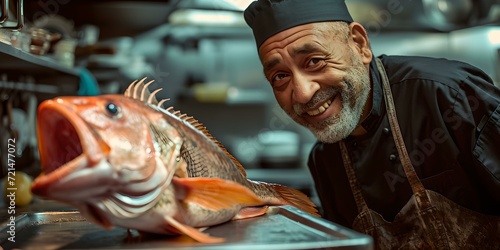 Smiling chef in kitchen with fresh fish. joyful culinary professional preparing seafood. gourmet cooking at its best. AI
