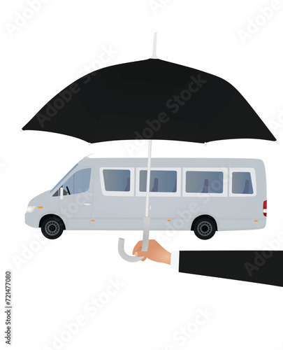 Hand hold umbrella in front of bus. vector illustration