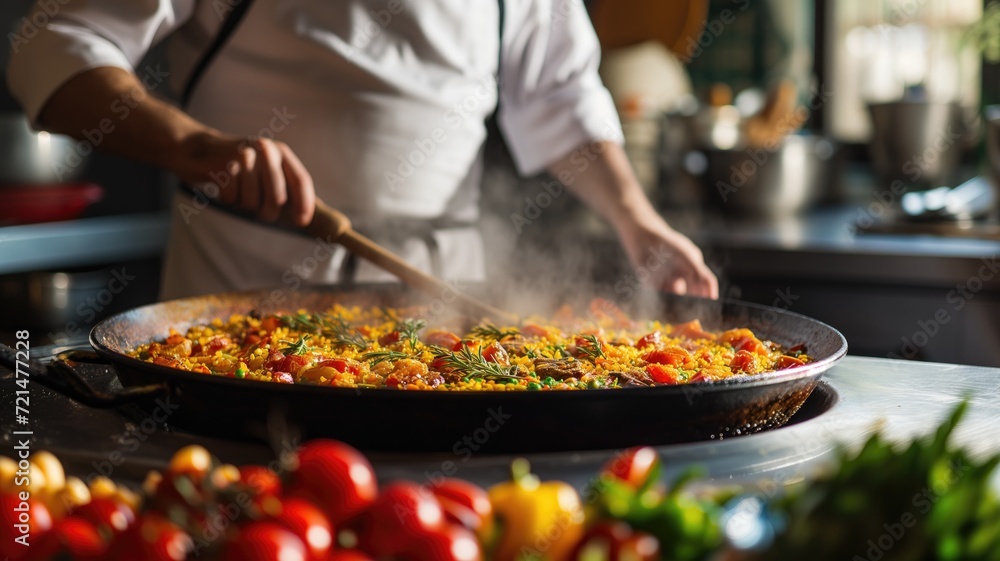 Chef preparing traditional paella in a large pan at a restaurant kitchen