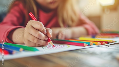 Close-up of child's hand drawing a colorful picture with pencils photo