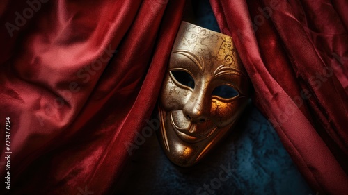 Golden Venetian mask against luxurious red satin curtain