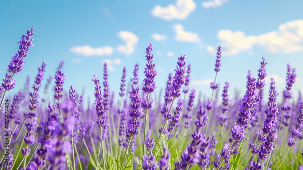 Obraz premium Bright purple lavender flowers bloom under a sunny, cloud-speckled sky