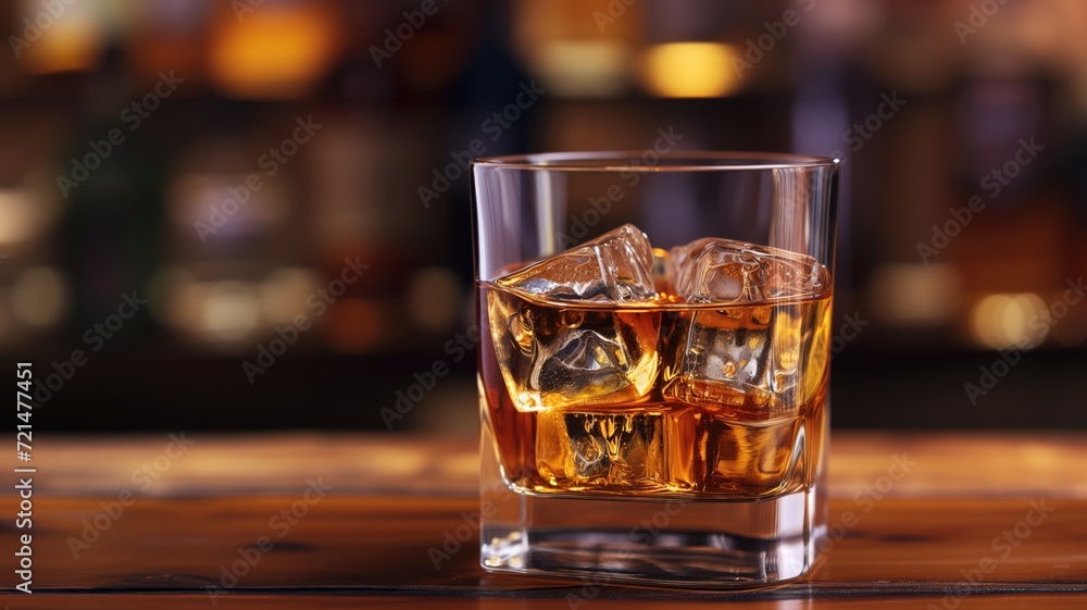 Glass of amber whiskey with ice cubes on a reflective wooden bar top