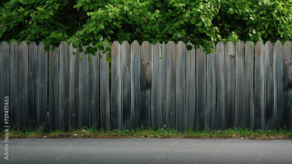 Fototapeta premium Weathered wooden fence with lush green foliage peeking over the top