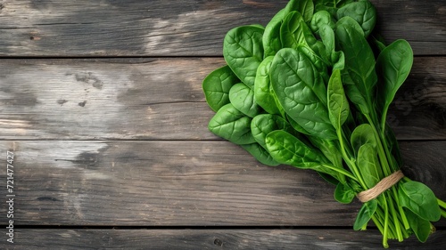 Bunch of fresh spinach leaves on an old wooden board