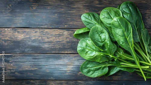 Lush green spinach leaves spread on a dark wooden rustic surface