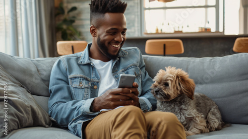 young man sitting on a grey sofa using a smartphone with a small white fluffy dog beside him