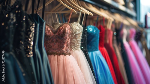 Vibrant evening gowns hanging on a rack in a boutique