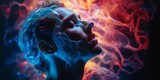 Abstract artistic concept of a woman's profile surrounded by vivid smoke. surreal portrait, creative digital design. AI