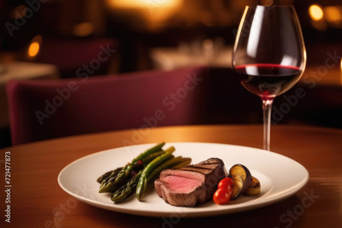 Glass of red wine and steak with vegetables on white plate, beautiful serving, evening light in the restaurant