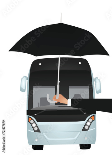 Hand hold umbrella in front of bus. vector illustration