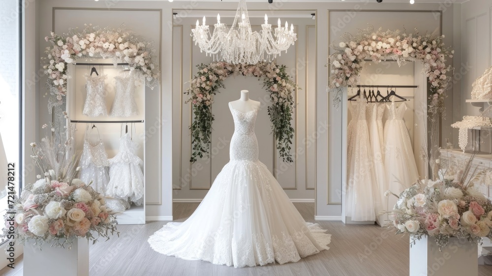 Chic bridal salon with elegant wedding gowns and to flowers on dress , accessories, and personalized service, creating a dreamy and unforgettable experience for brides-to-be Chic bridal salon with elegant wedding gowns and to flowers on dress , accessories, and personalized service, creating a dreamy and unforgettable experience for brides-to-be