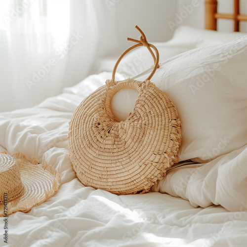 bed with pillows, vacation, straw handbag, straw hat, comfortable bedroom photo