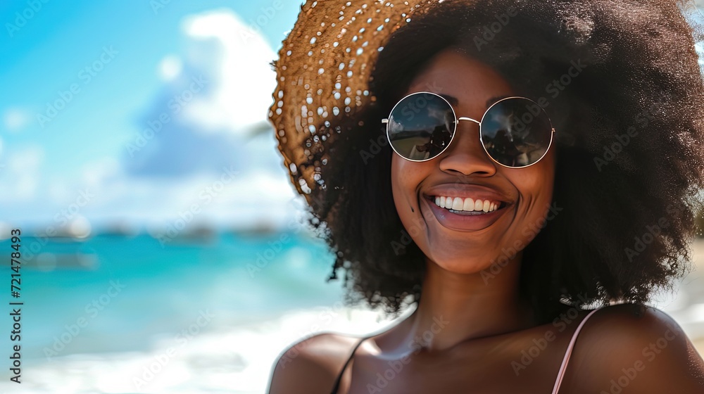 The beach is her playground, where she finds endless joy in every step. Smiling dark-skinned woman in straw hat and sunglasses. The beach is her playground, where she finds endless joy in every step. Smiling dark-skinned woman in straw hat and sunglasses.
