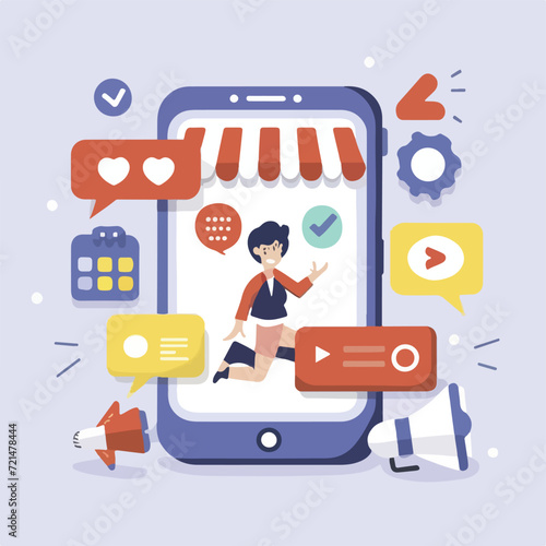 2d vector illustration colorful social media boost , influence blogger E-marketer via Internet pages marketing referral